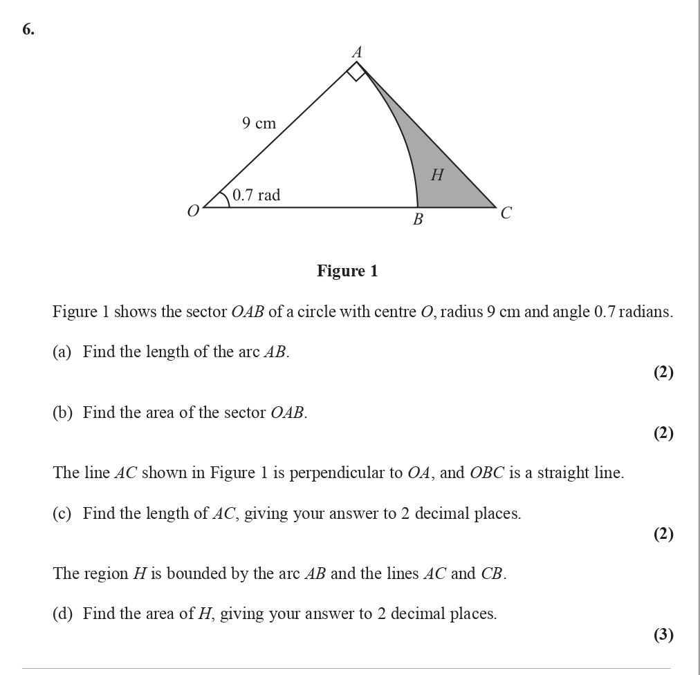 Figure-1-shows-the-sector-OAB-of-a-circle-with-centre-O,-radius-9-cm-and-angle-0.7-radians-Edexcel-A-Level Maths Pure-Question 6-2010-Paper 3.png